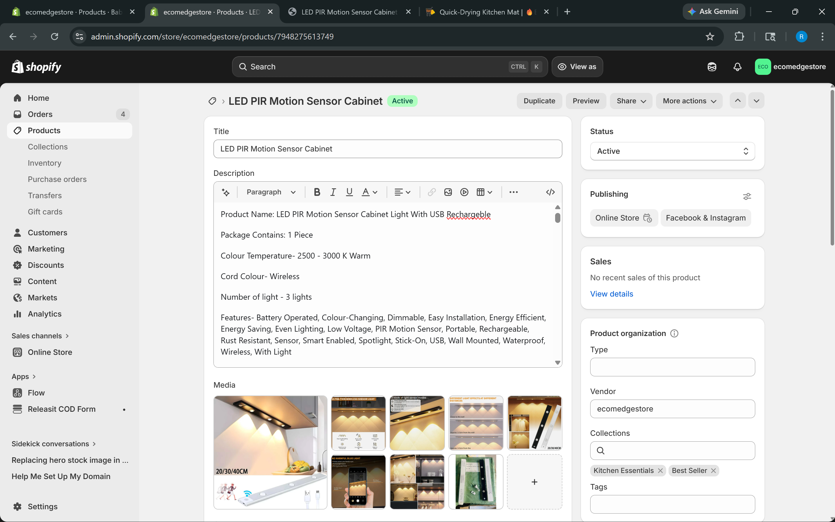 Shopify product editor — description field with formatting tools